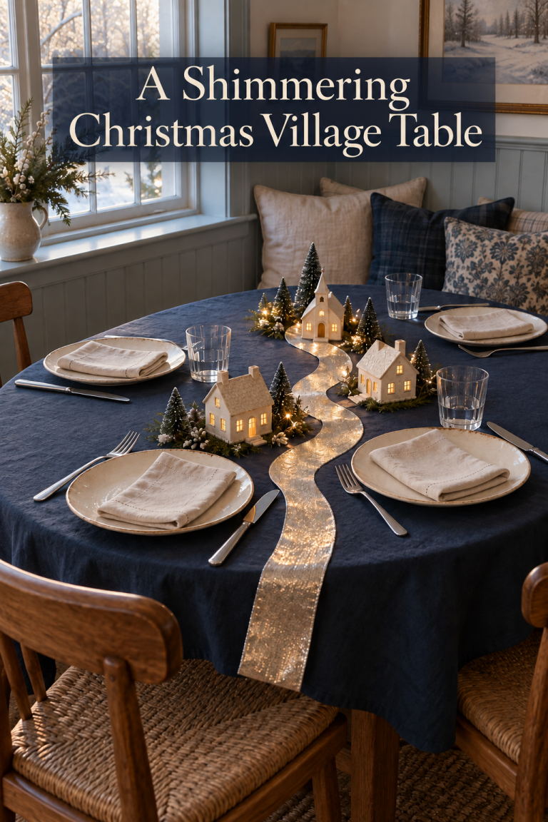 Glowing village houses beside a silver ribbon road on a blue Christmas dining table.