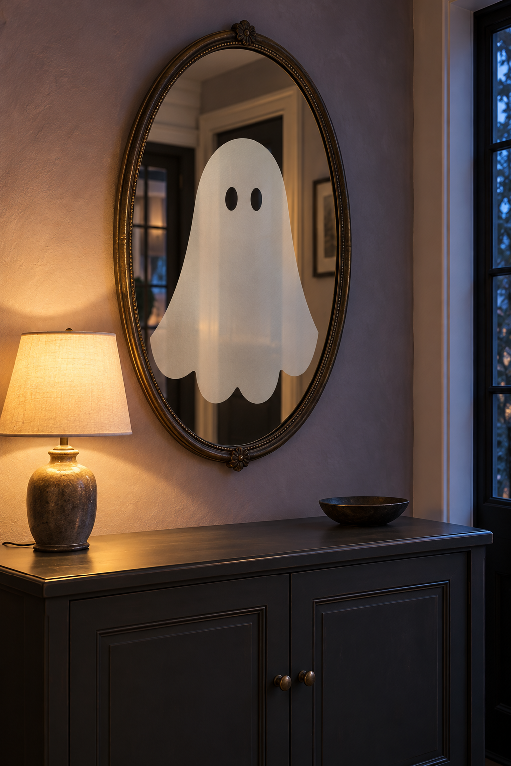 Pale ghost silhouette on an oval mirror above a dark entry cabinet and warm lamp.