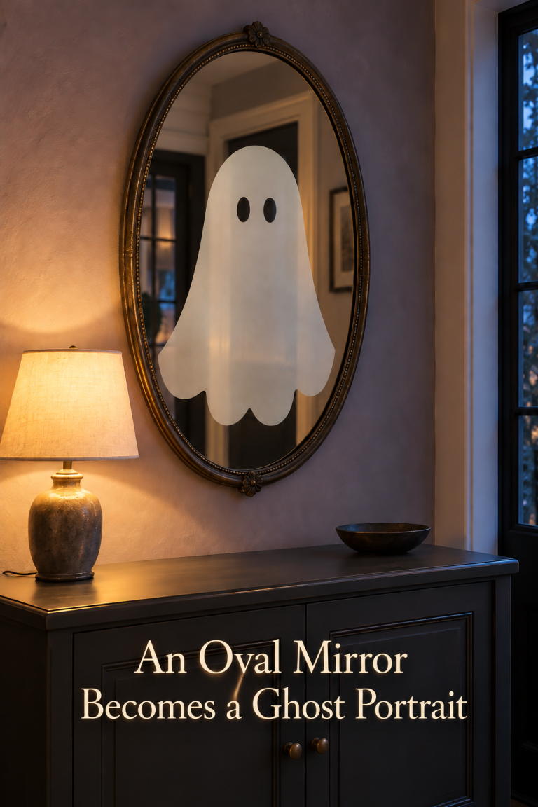 Pale ghost silhouette on an oval mirror above a dark entry cabinet and warm lamp.