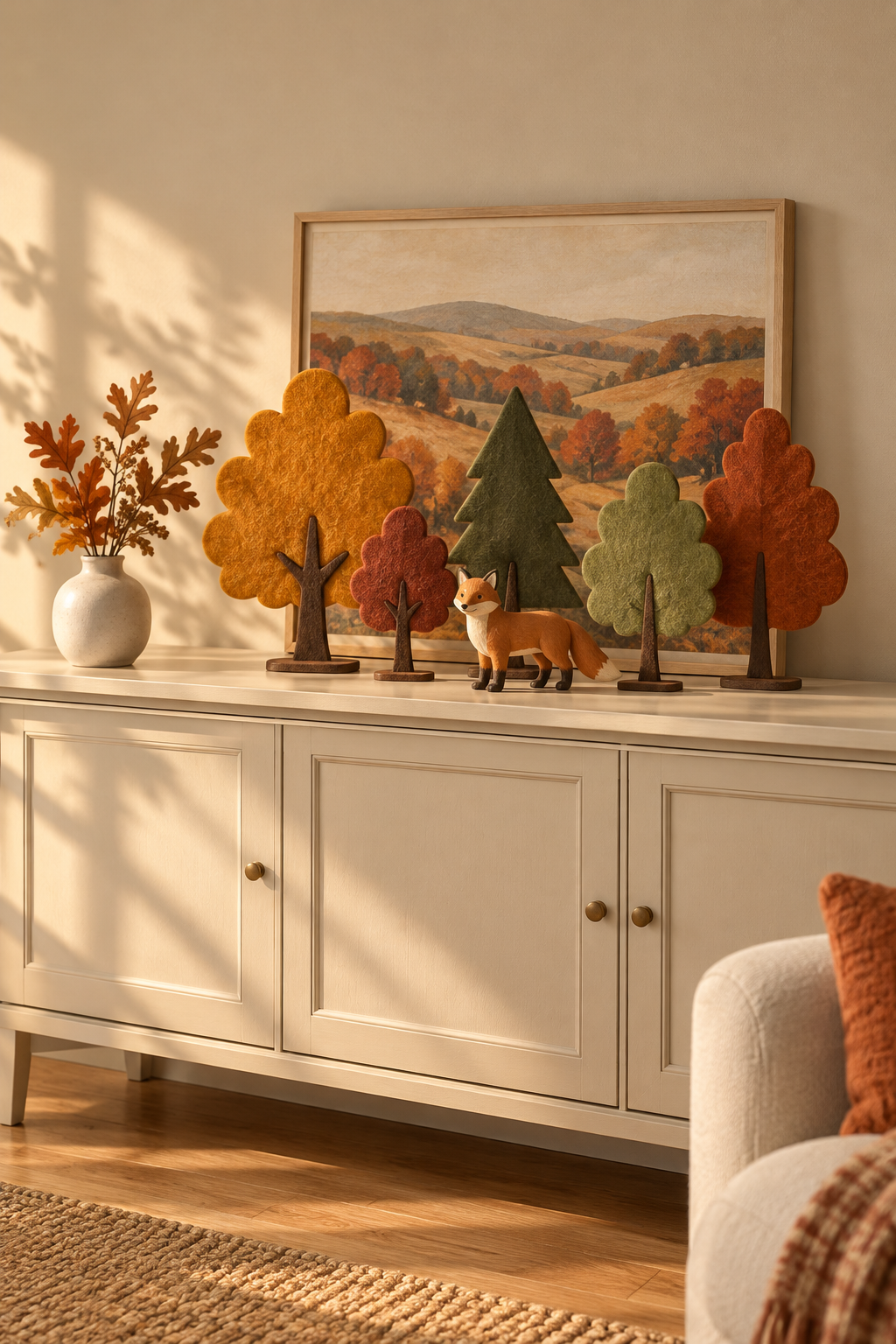 Felt trees and a small fox figurine before autumn landscape art on a cream cabinet.