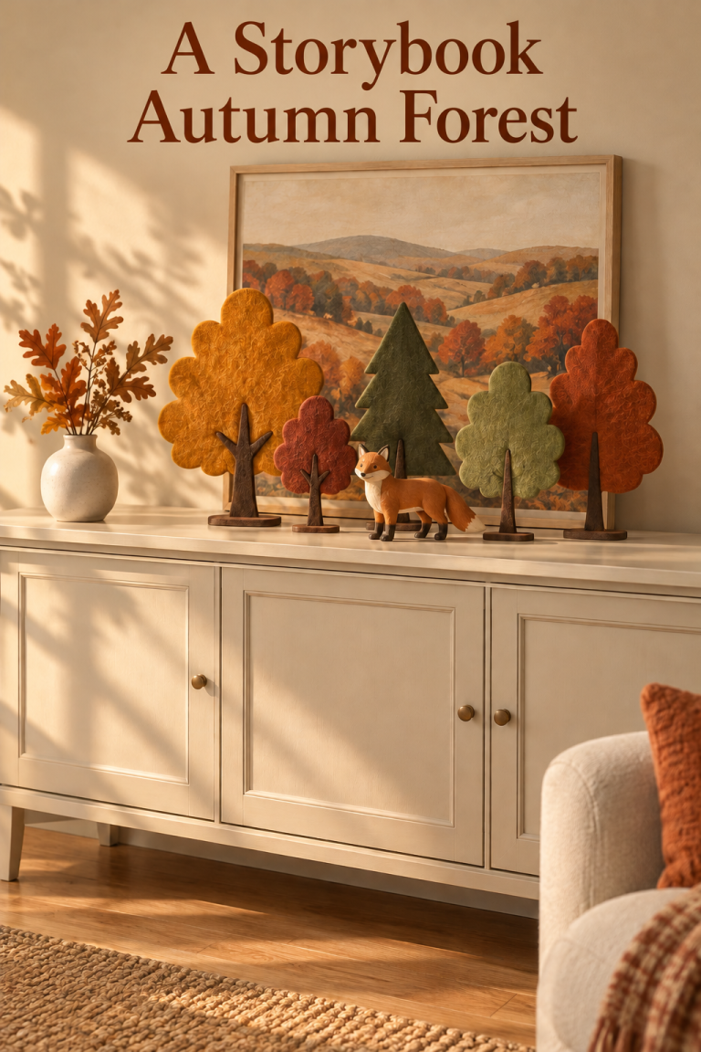 Felt trees and a small fox figurine before autumn landscape art on a cream cabinet.