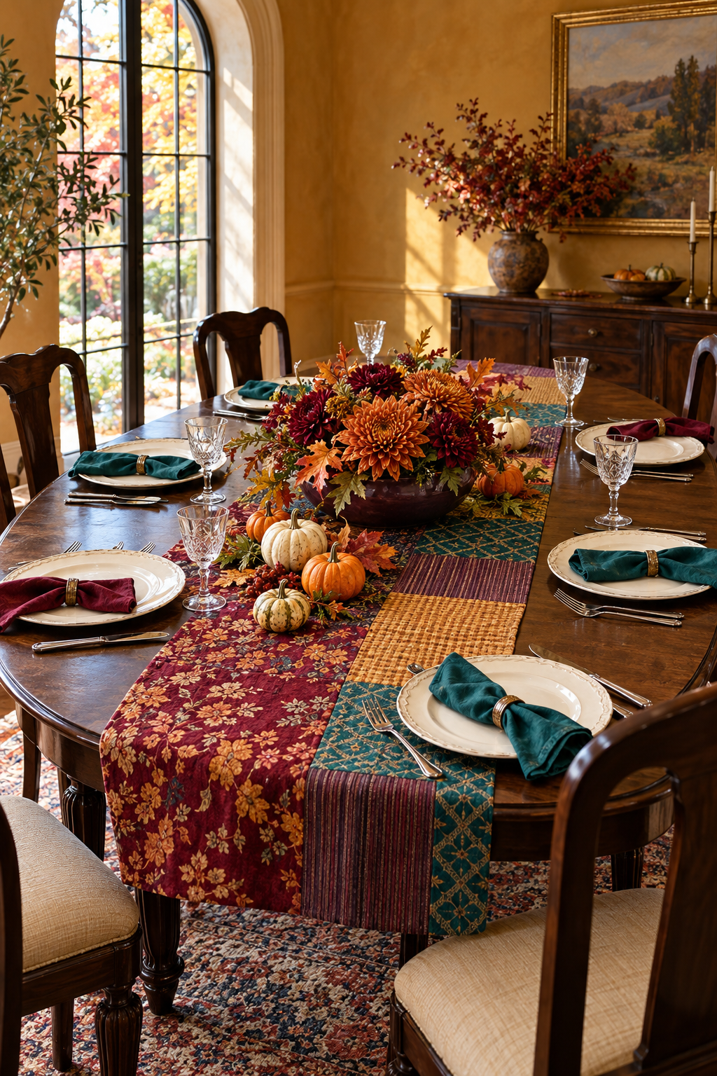 Patchwork runner, autumn flowers and pumpkins on a wood table with cream place settings.