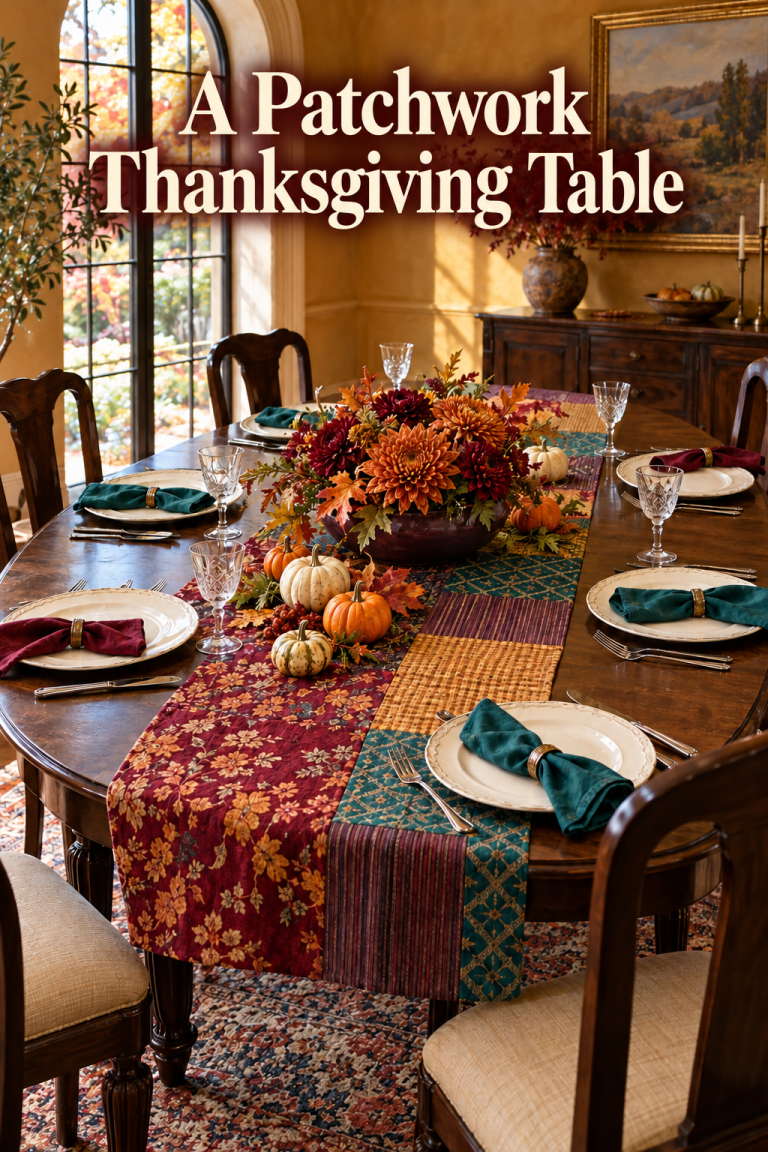 Patchwork runner, autumn flowers and pumpkins on a wood table with cream place settings.
