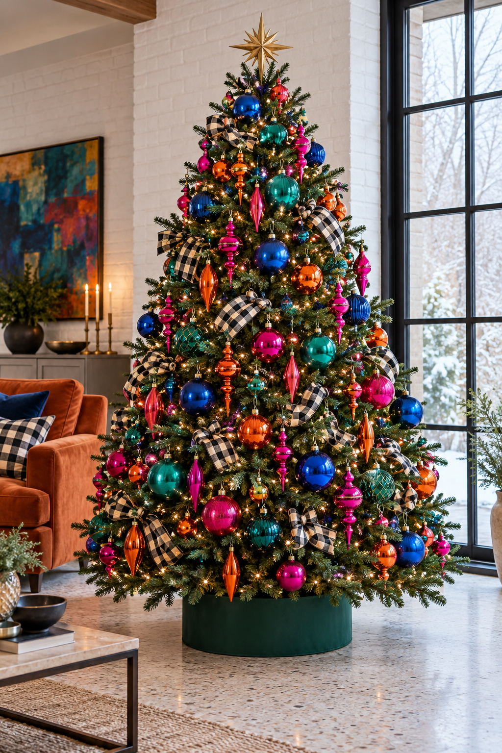 Christmas tree with jewel-colored baubles, long finials, checked ribbon and a green collar.