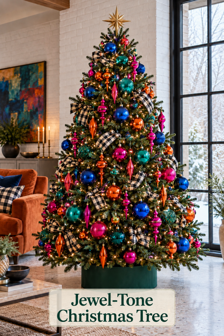 Christmas tree with jewel-colored baubles, long finials, checked ribbon and a green collar.