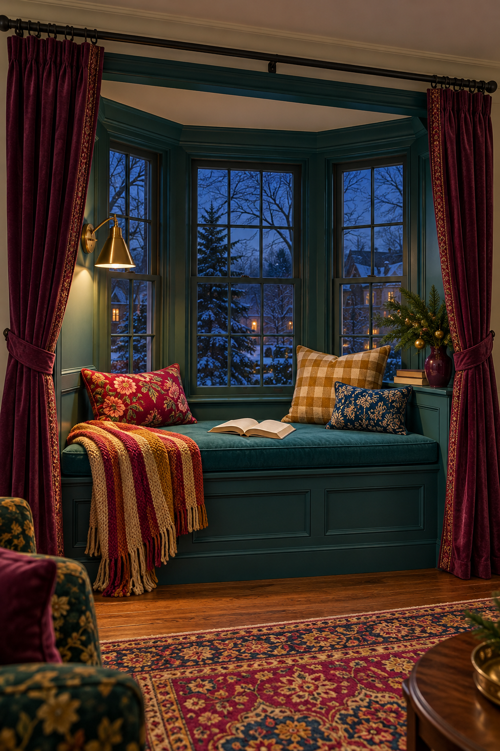 Plum curtains frame a teal bay window seat with patterned cushions, a book and Christmas greenery.