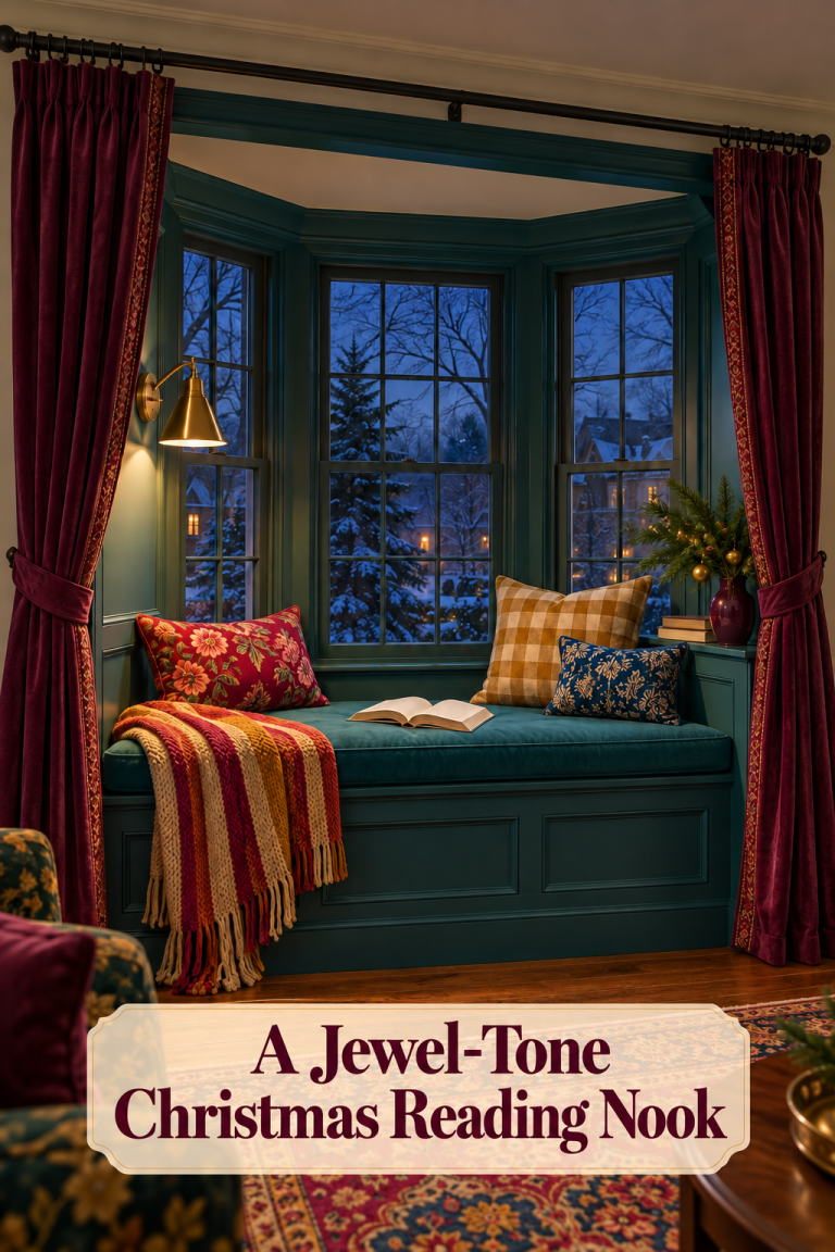 Plum curtains frame a teal bay window seat with patterned cushions, a book and Christmas greenery.