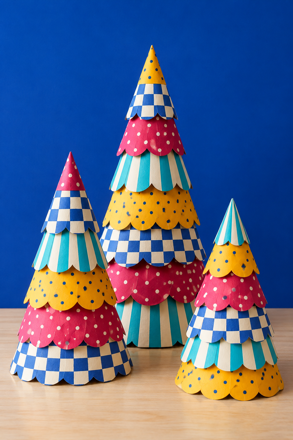 Three paper Christmas trees with colorful scalloped layers against a blue backdrop.