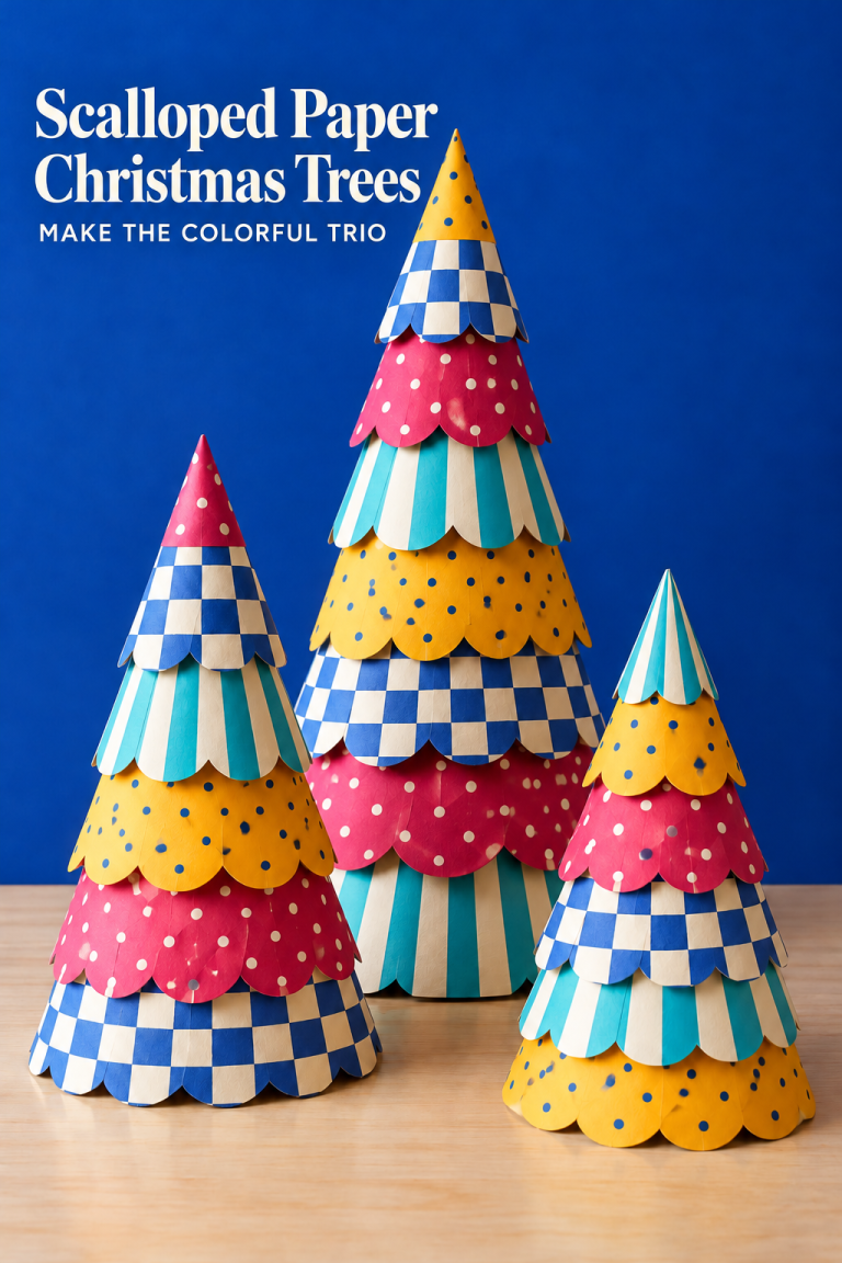 Three paper Christmas trees with colorful scalloped layers against a blue backdrop.