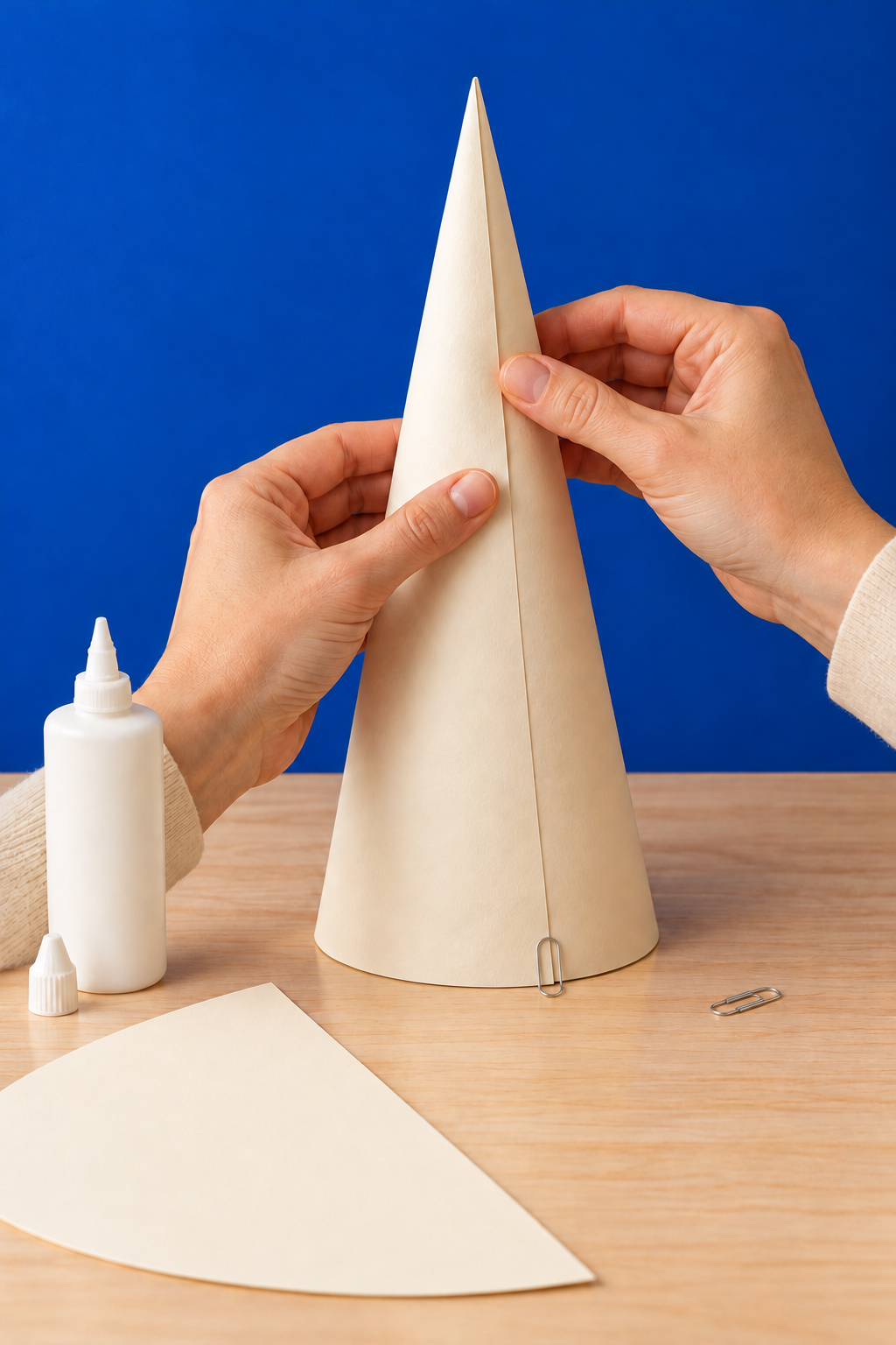 Hands press a cardstock cone seam with a paper clip at the base on a wood worktop.
