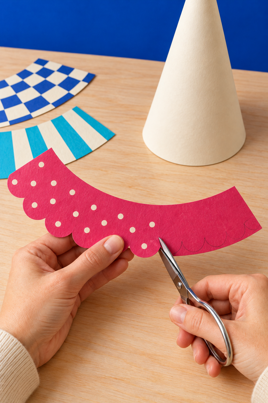 Scissors cut rounded scallops along a curved band of raspberry polka-dot paper.
