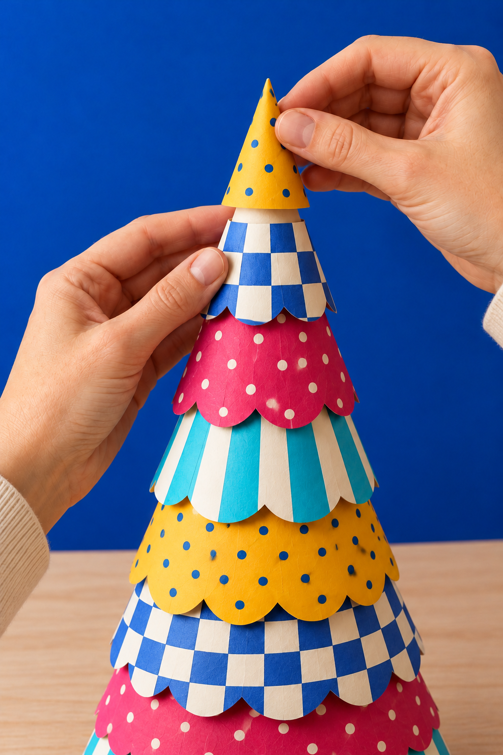 Hands fit a yellow polka-dot cap above the checked top tier of a paper Christmas tree.