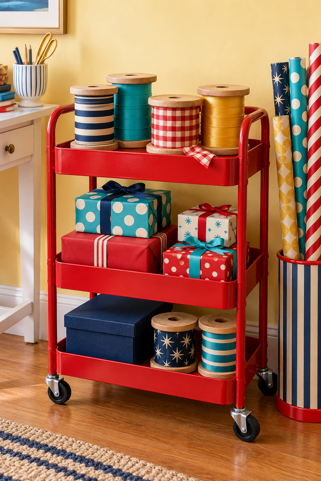 Red wrapping cart with wooden ribbon spools, patterned Christmas gifts and paper rolls.