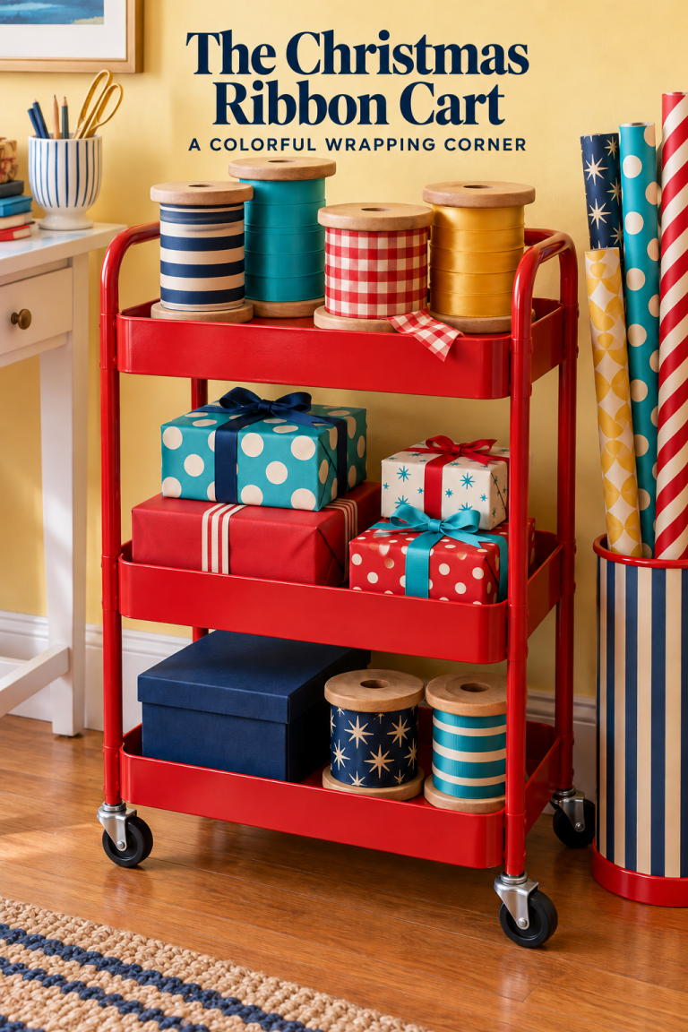 Red wrapping cart with wooden ribbon spools, patterned Christmas gifts and paper rolls.