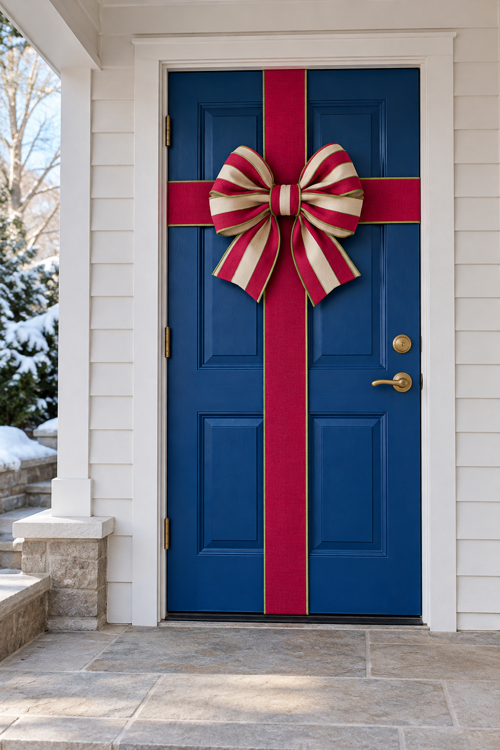 Blue front door with raspberry ribbon bands and a striped bow on a covered porch.