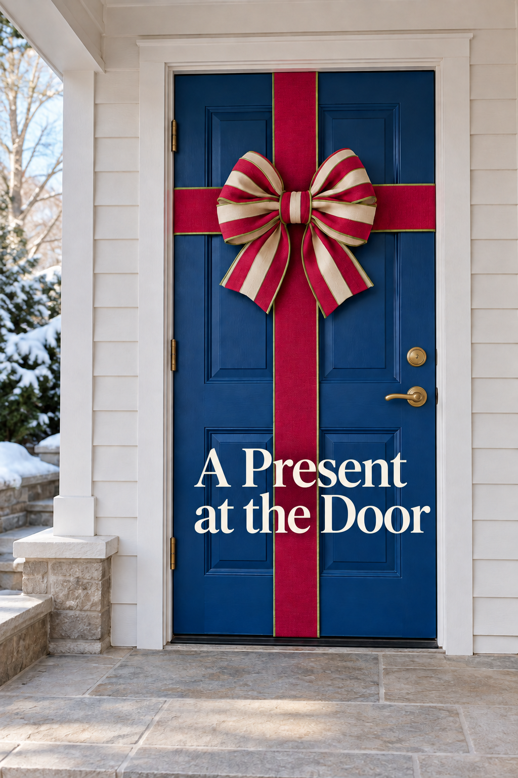 Blue front door with raspberry ribbon bands and a striped bow on a covered porch.