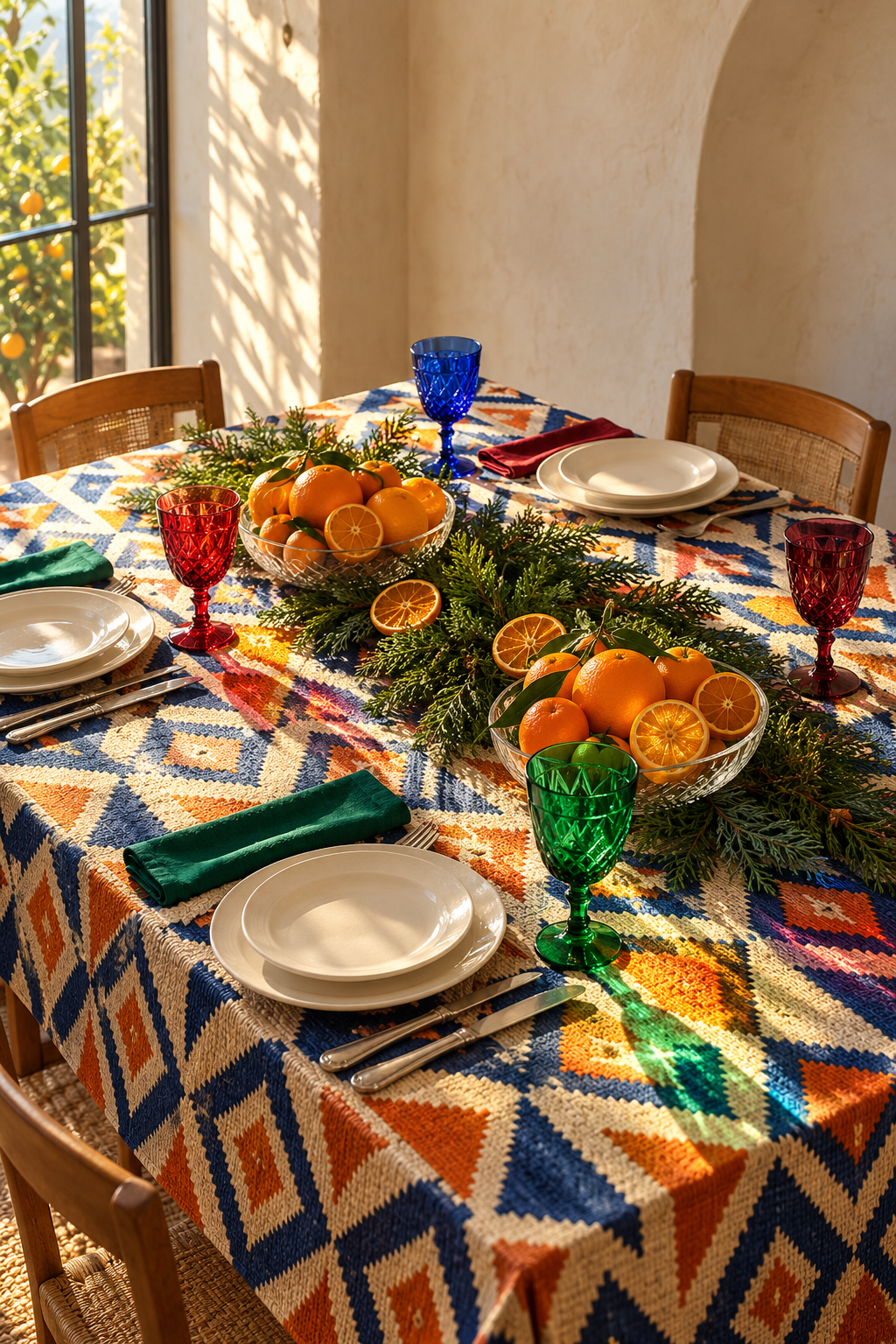 Colored goblets, oranges and evergreen sprays on a blue geometric Christmas tablecloth.