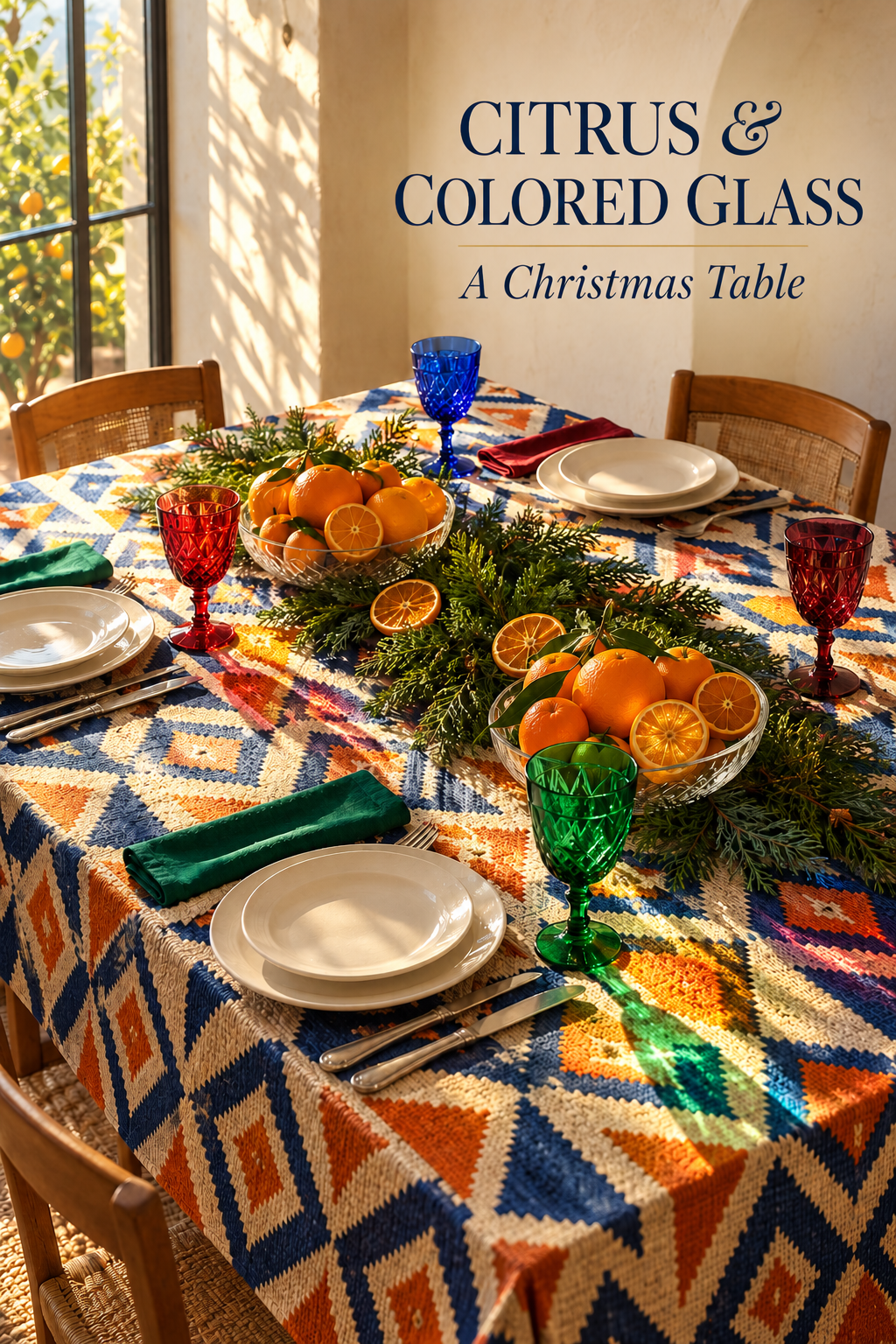 Colored goblets, oranges and evergreen sprays on a blue geometric Christmas tablecloth.