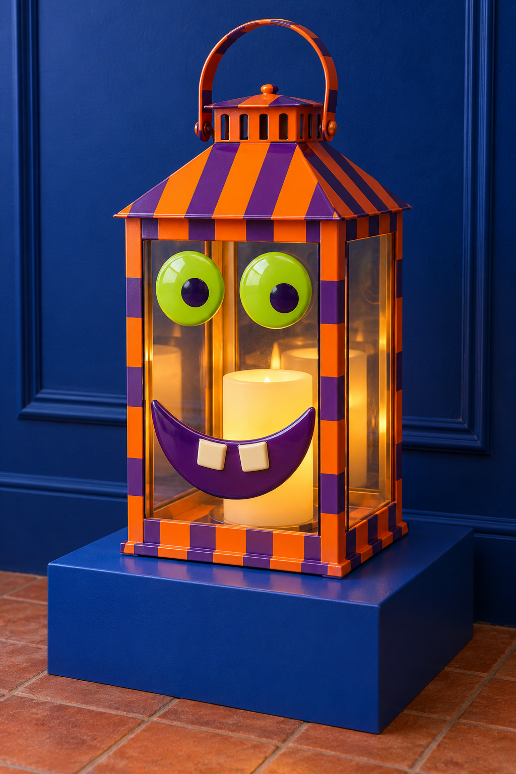 Orange and purple striped lantern with lime eyes and a toothy grin on a blue plinth.