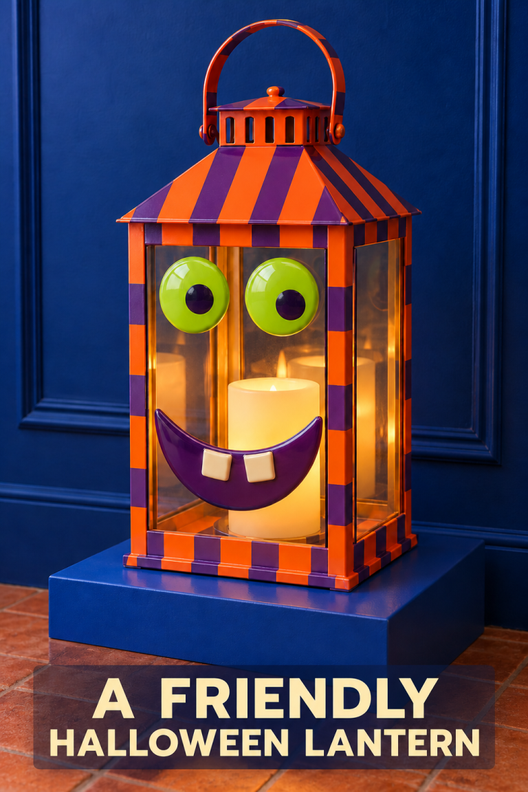 Orange and purple striped lantern with lime eyes and a toothy grin on a blue plinth.