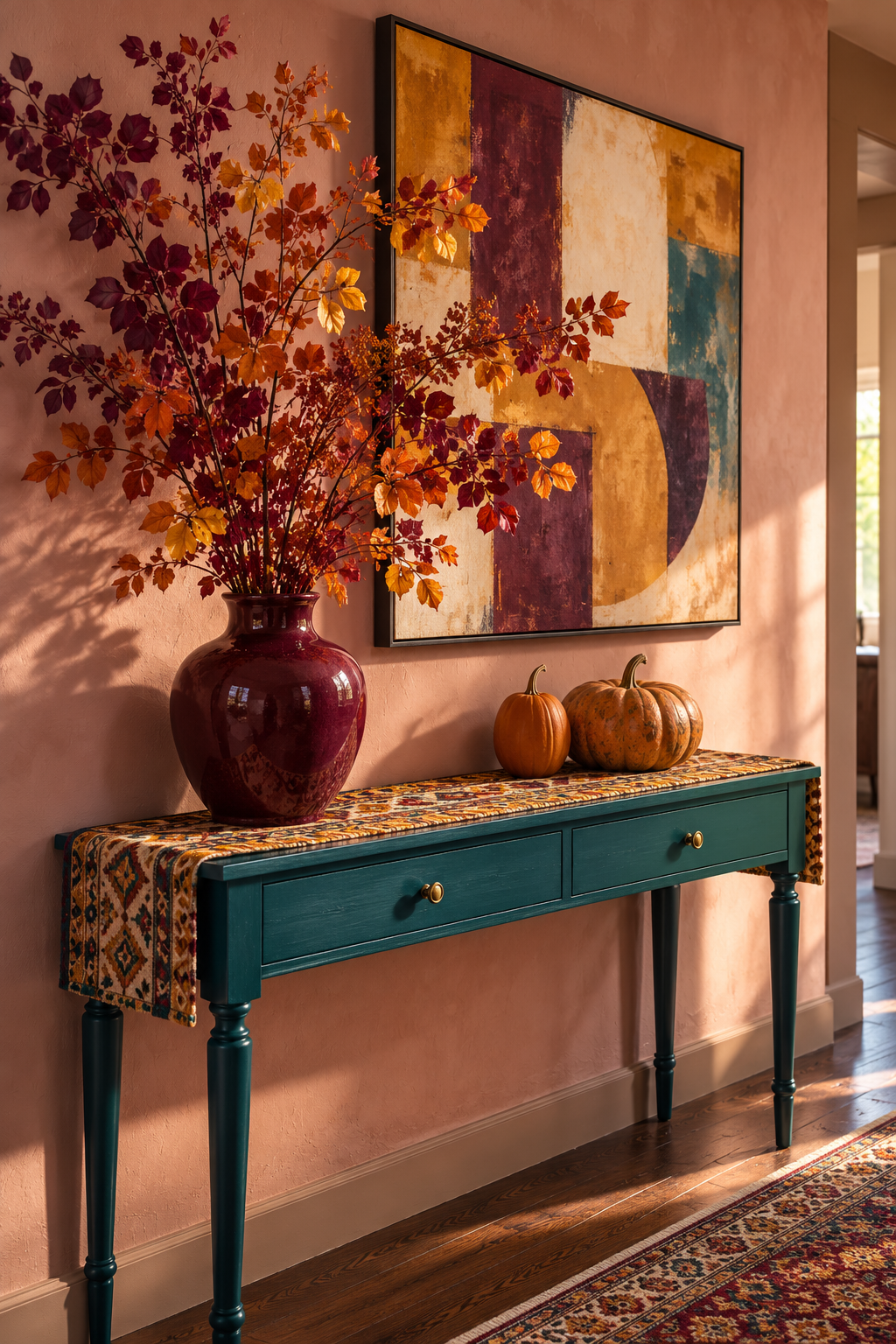 Plum vase of autumn branches on a teal console with pumpkins and a patterned runner.