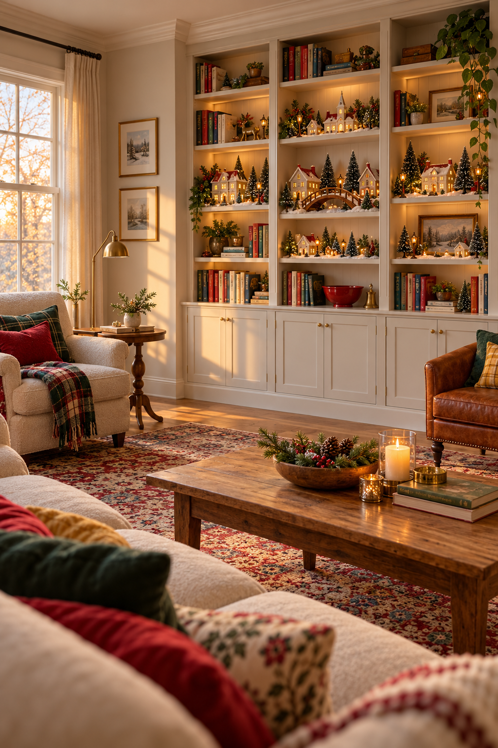 A lit miniature Christmas village fills the shelves of a bookcase in a warm living room.