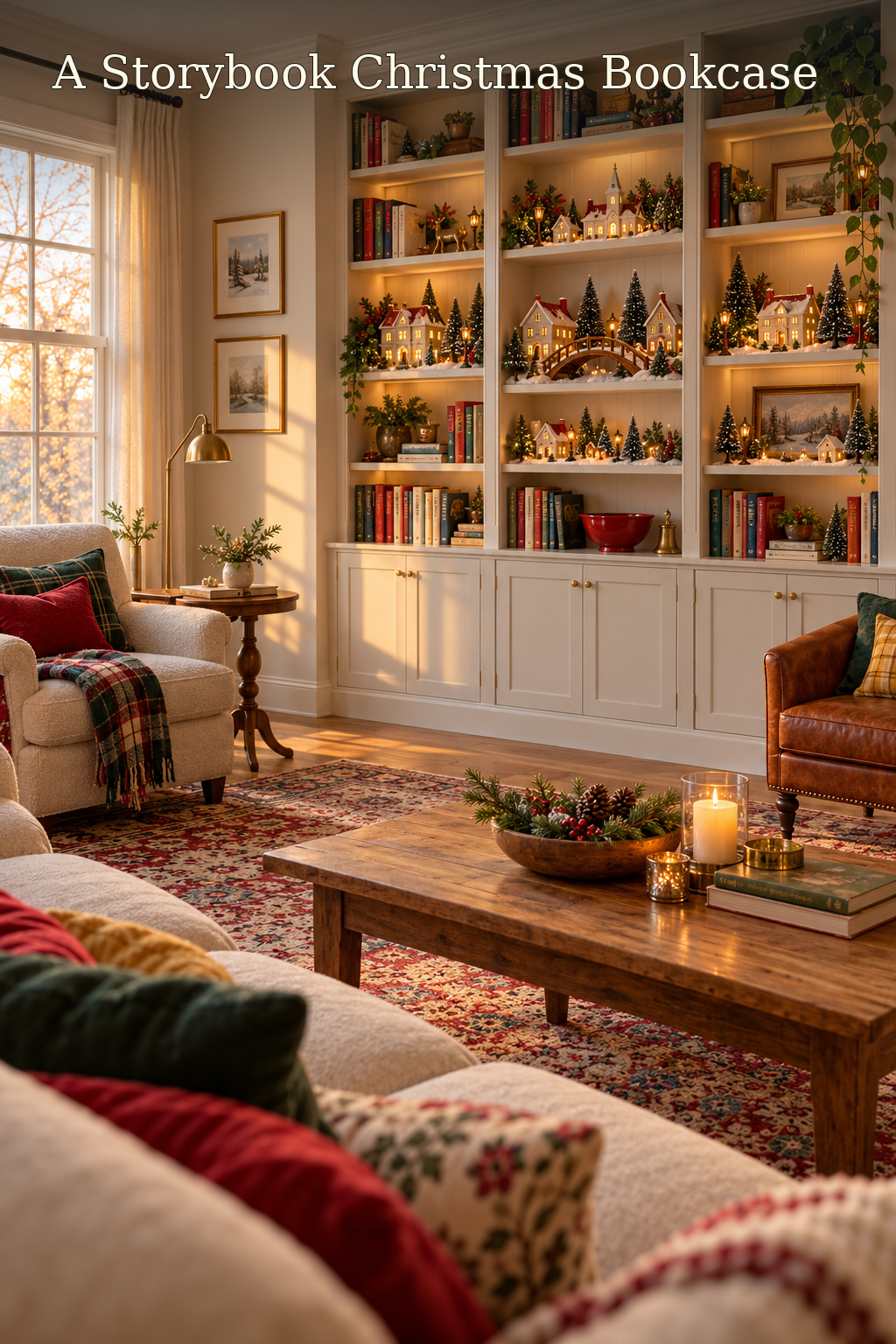 A lit miniature Christmas village fills the shelves of a bookcase in a warm living room.