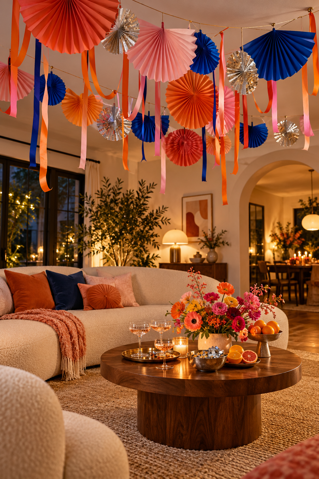 Colorful folded paper fans and ribbons hang over a living room party seating area.