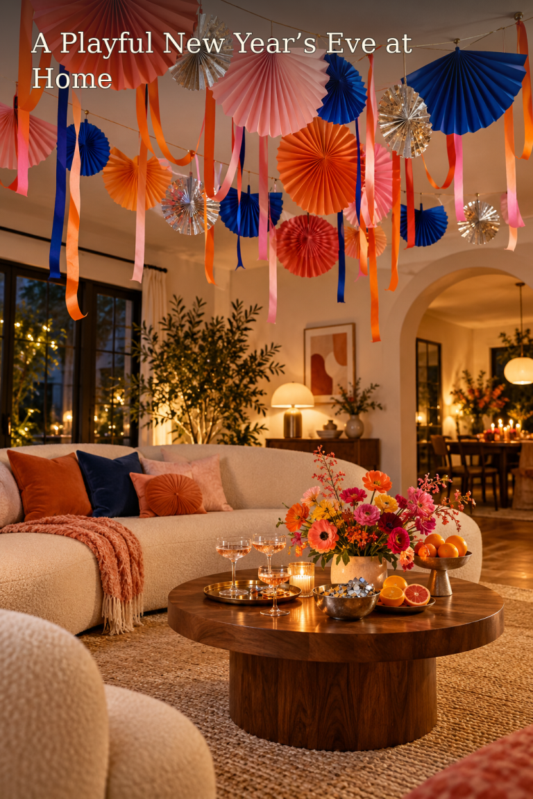 Colorful folded paper fans and ribbons hang over a living room party seating area.