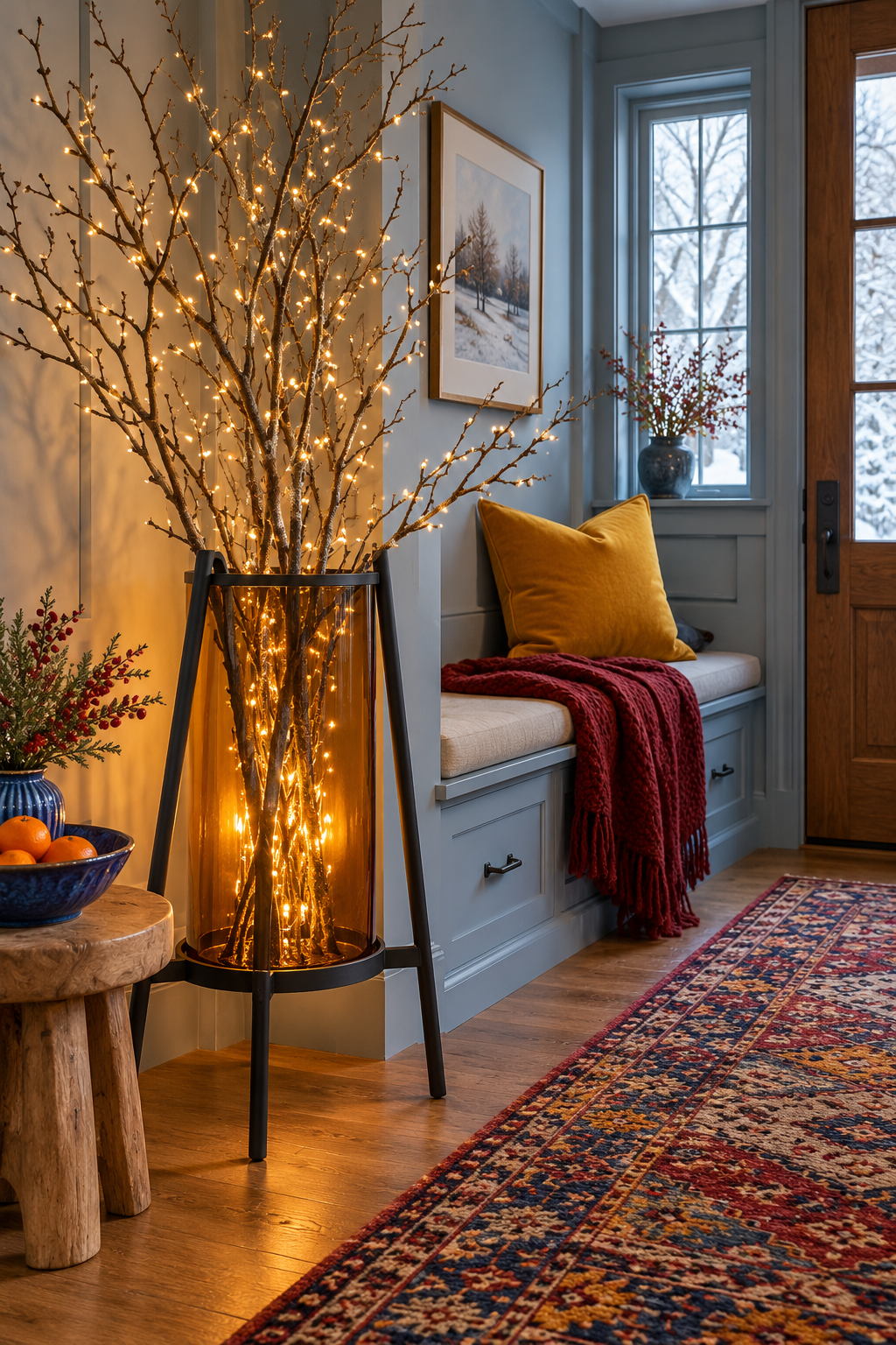 Bare branches with warm lights rise from an amber glass cylinder in a winter entry hall.
