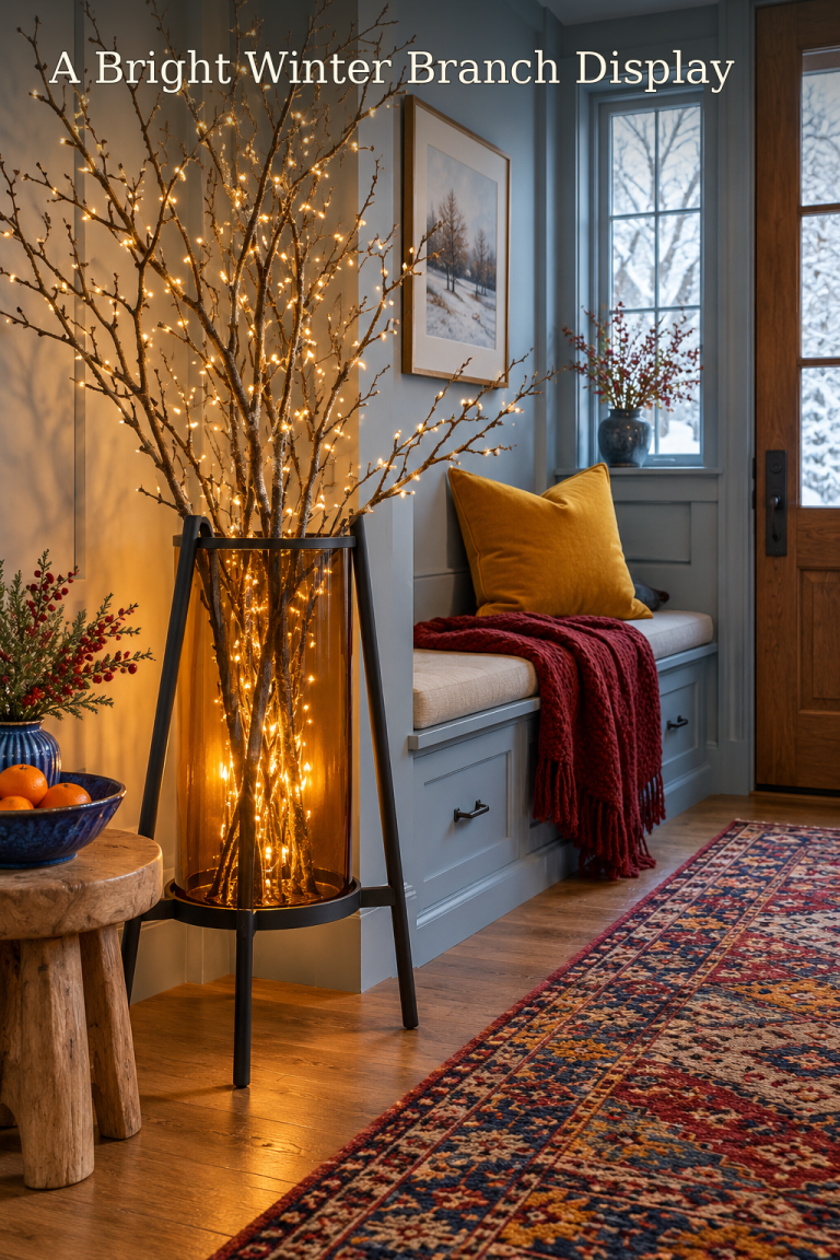 Bare branches with warm lights rise from an amber glass cylinder in a winter entry hall.