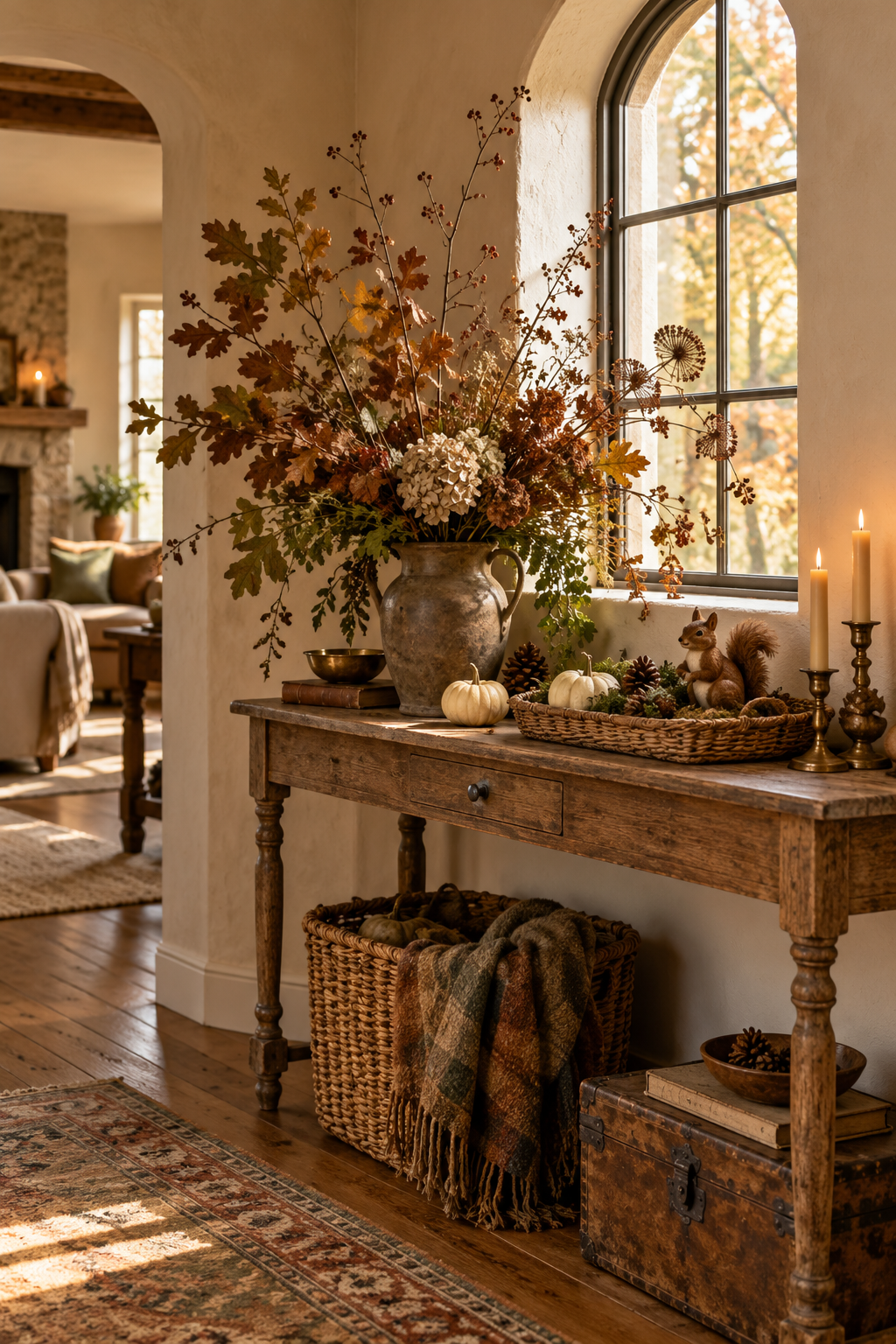 Woodland Thanksgiving console with autumn branches, pale pumpkins, a small squirrel figurine and woven basket beside a window.