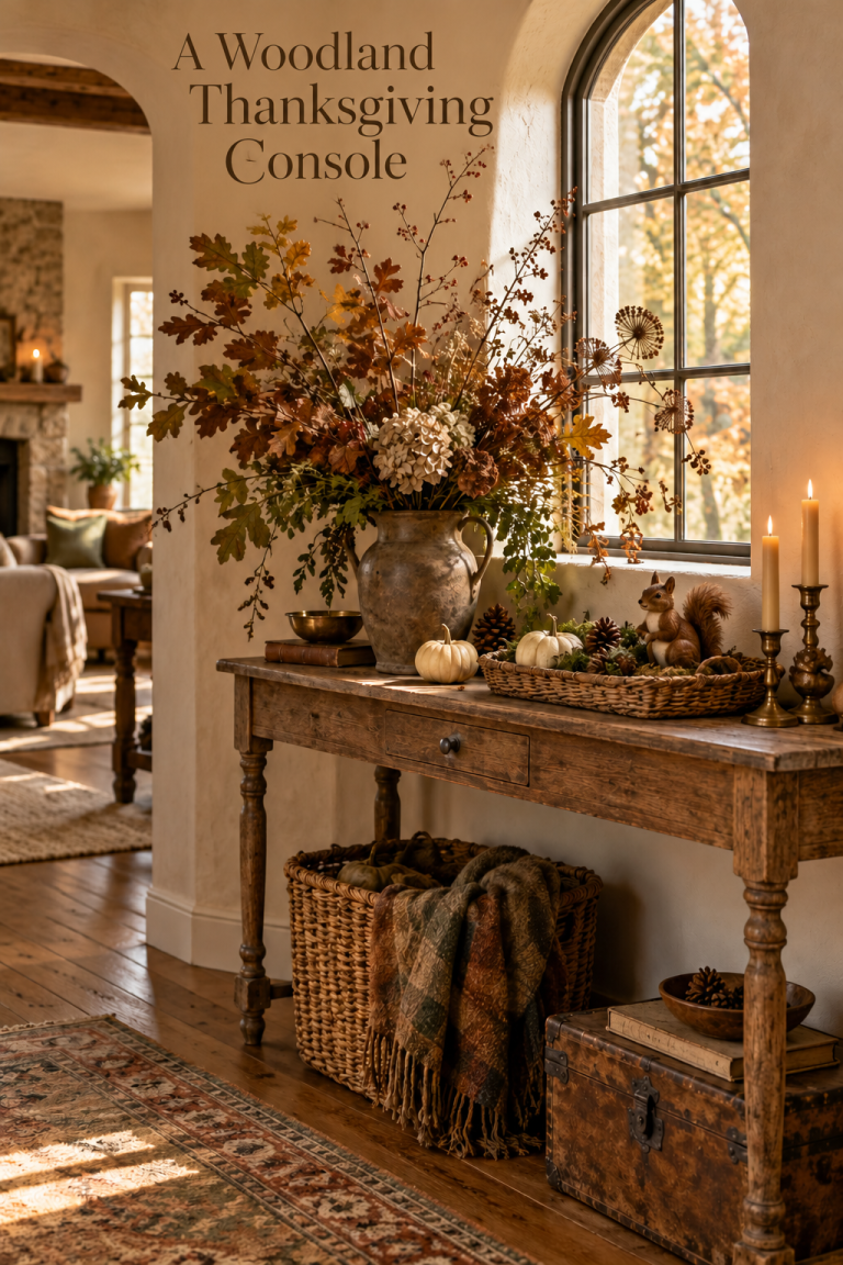 Woodland Thanksgiving console with autumn branches, pale pumpkins, a small squirrel figurine and woven basket beside a window.