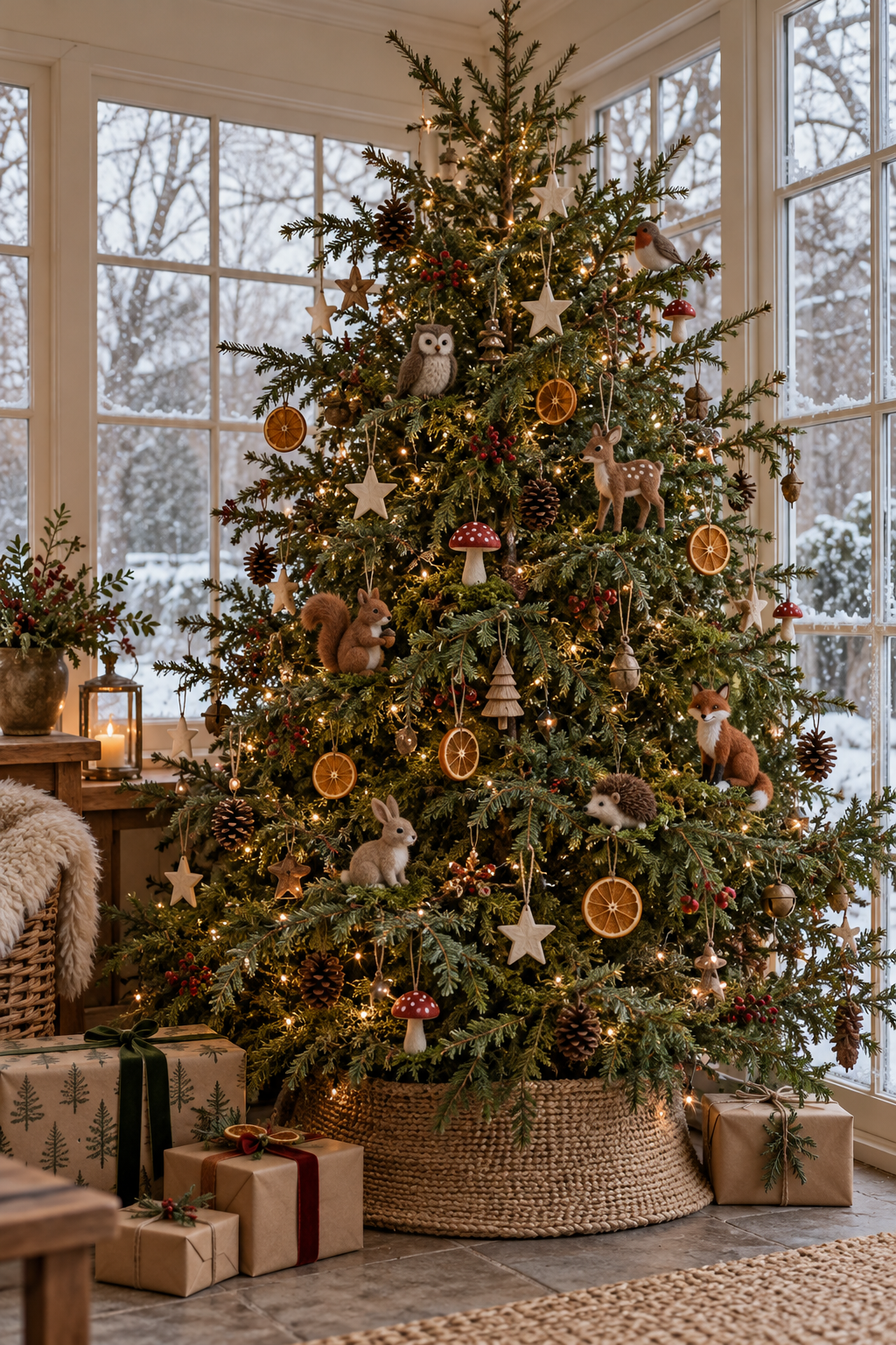 Evergreen Christmas tree with felt woodland animals, cream stars, dried orange slices, warm lights and a woven tree collar.