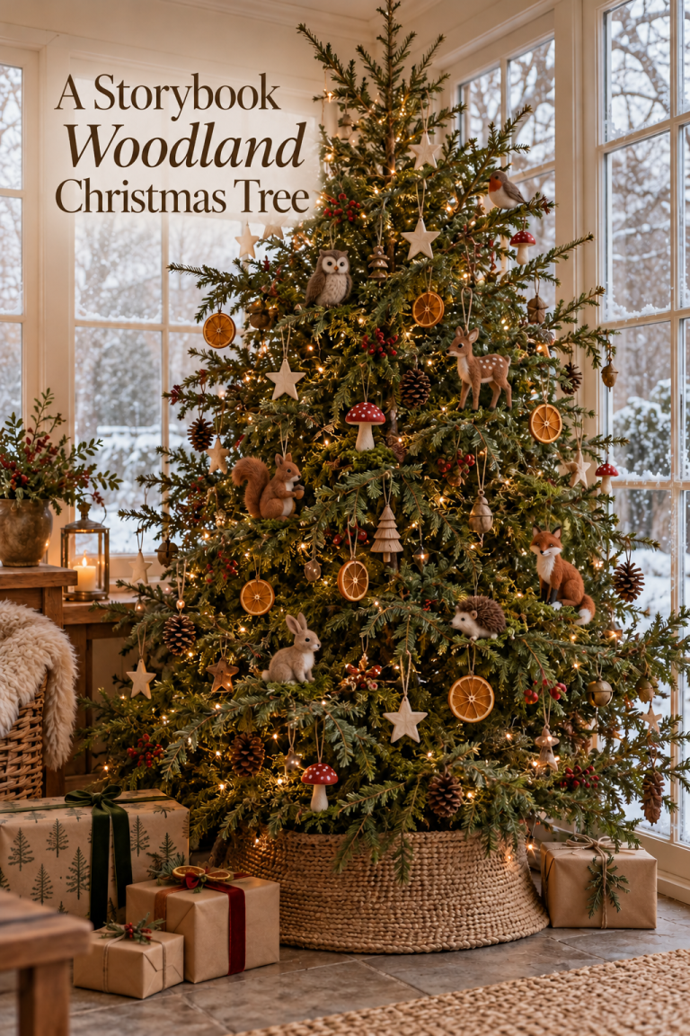 Evergreen Christmas tree with felt woodland animals, cream stars, dried orange slices, warm lights and a woven tree collar.