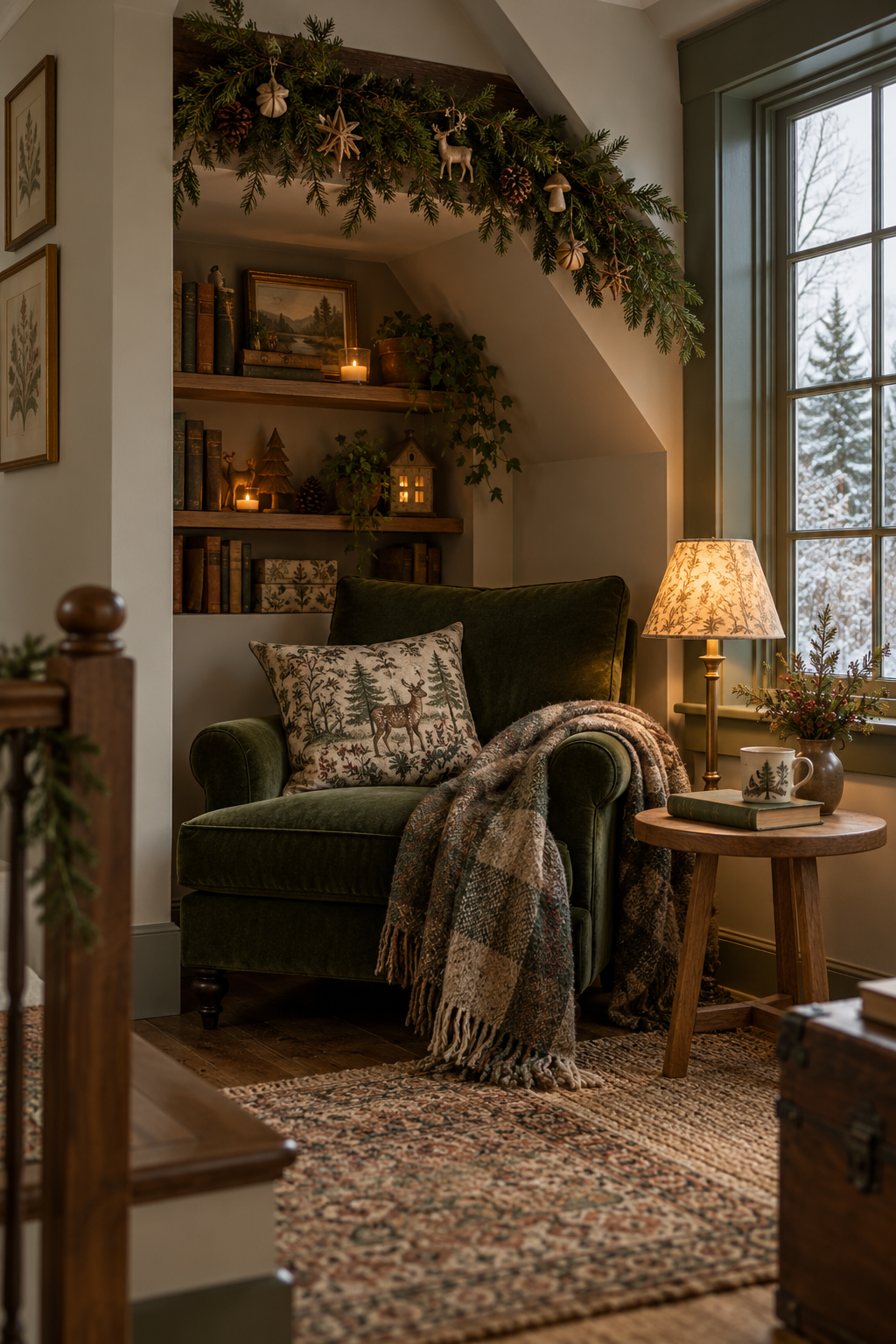 Dark green armchair with patterned cushion and throw beside a small oak table in a softly lit Christmas reading nook.