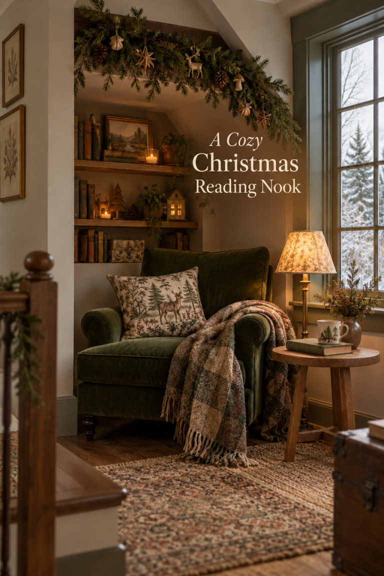 Dark green armchair with patterned cushion and throw beside a small oak table in a softly lit Christmas reading nook.