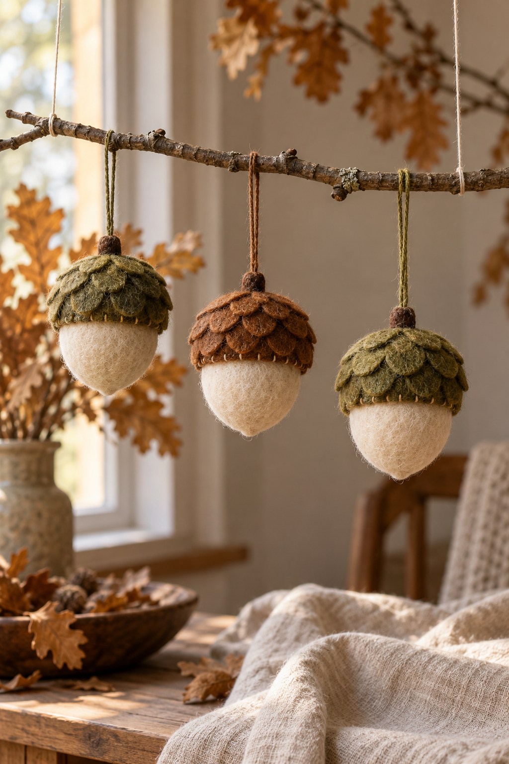 Three cream felt acorn ornaments with layered green and brown caps hang from a natural branch.