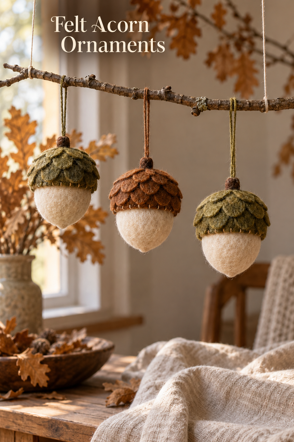 Three cream felt acorn ornaments with layered green and brown caps hang from a natural branch.