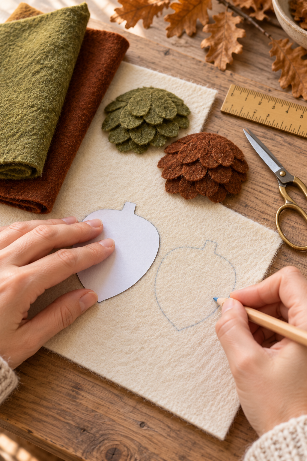 Hands trace an acorn body pattern onto cream felt beside moss and chestnut felt.