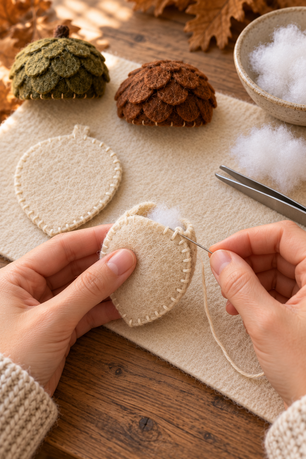 A hand blanket-stitches two cream felt acorn body pieces and lightly stuffs them.