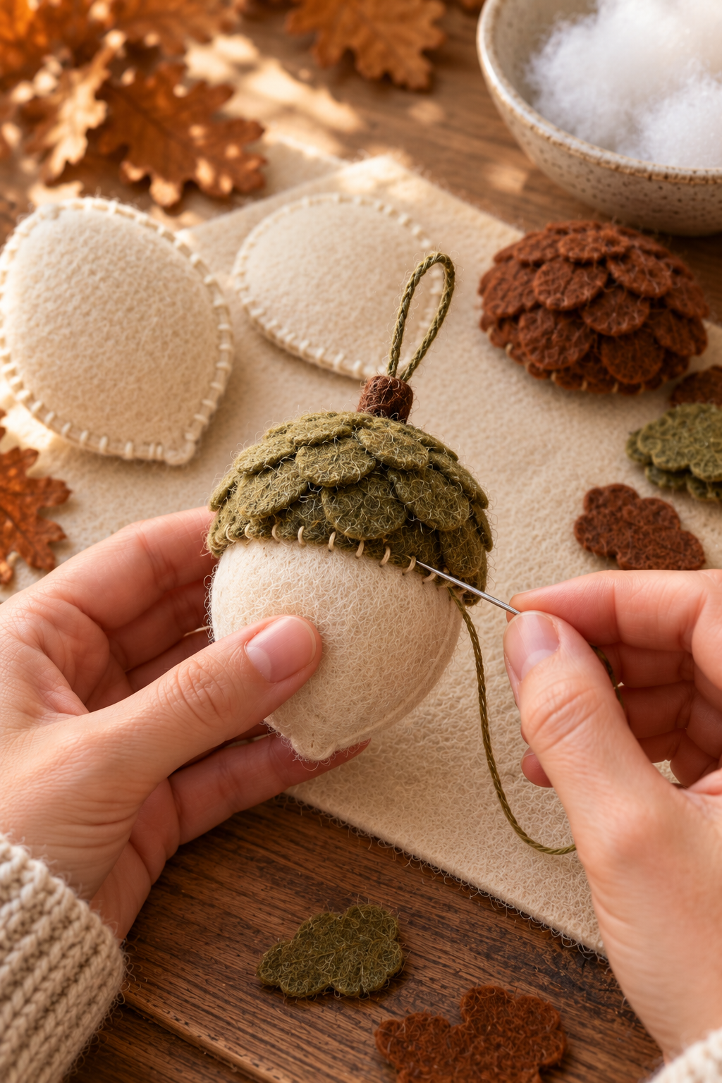 A layered green felt cap and cotton loop are stitched onto a stuffed acorn body.
