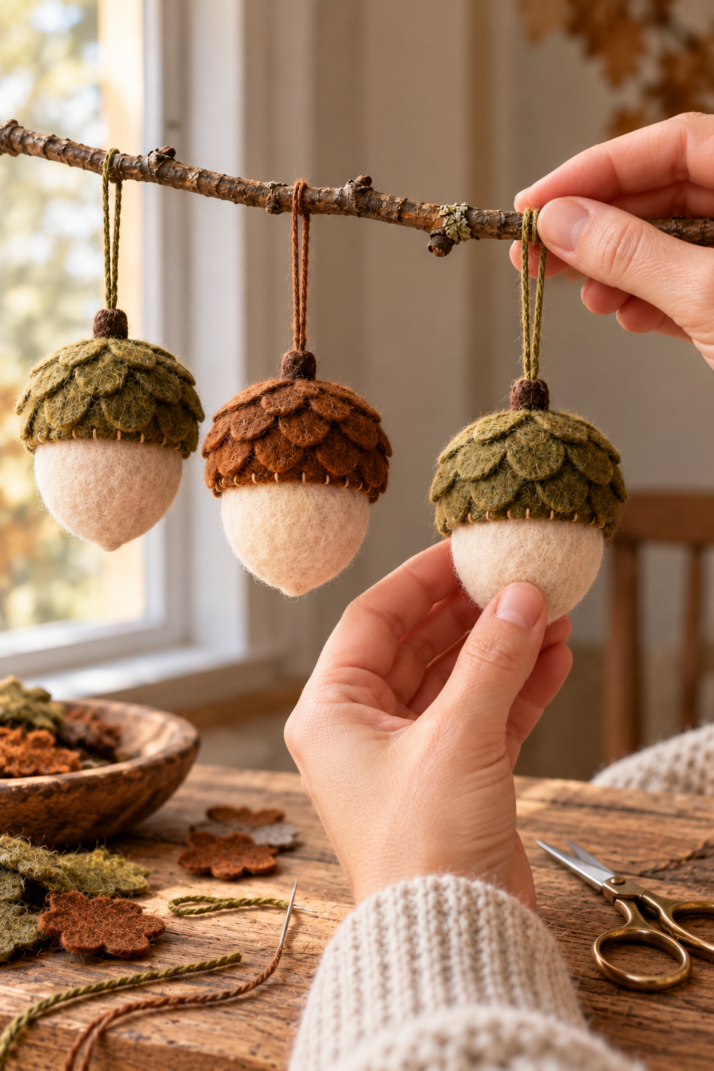 A hand checks the hanging loop on three finished felt acorn ornaments.