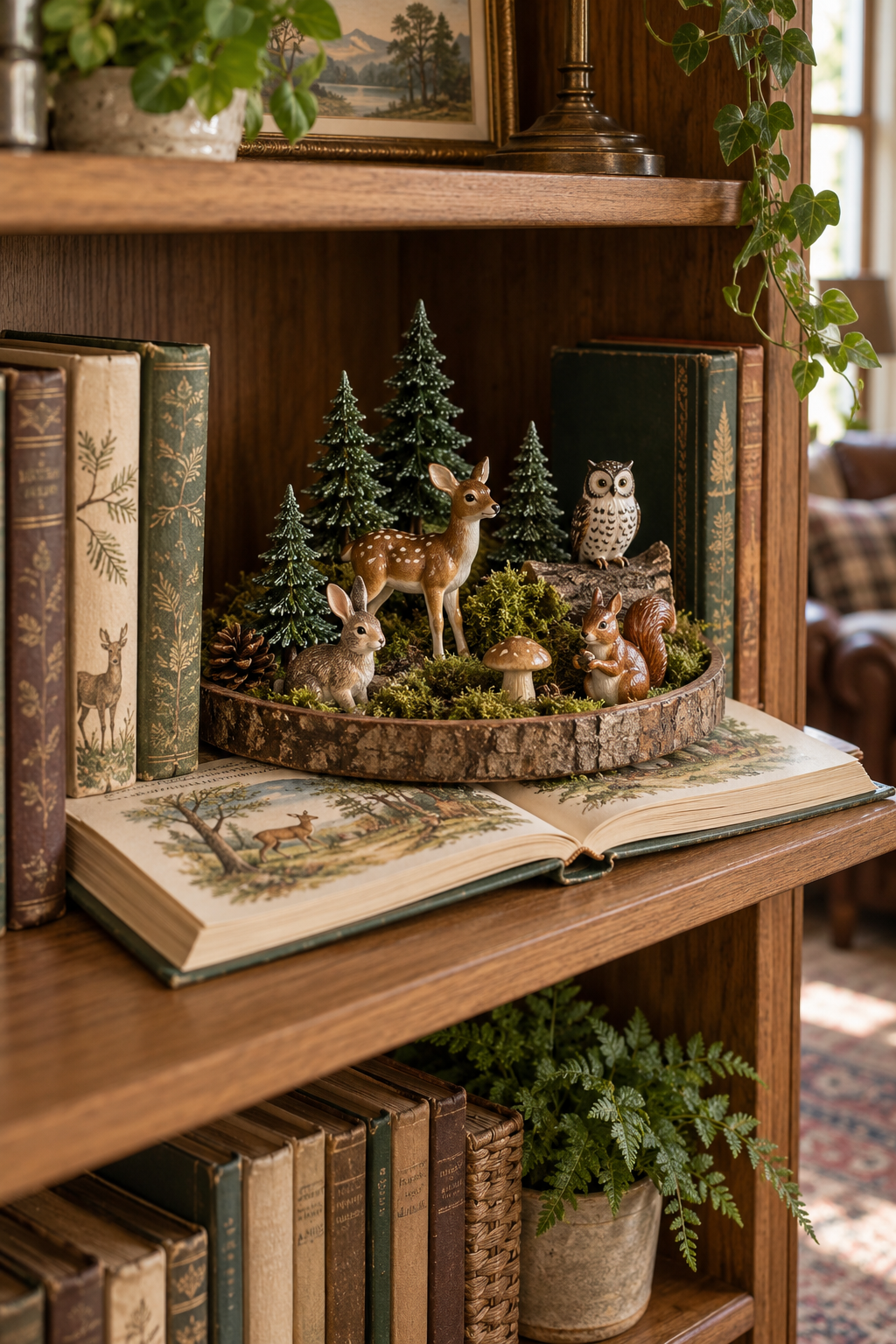 A shallow tray of miniature woodland animals, trees and moss rests on an open illustrated book on an oak bookcase.