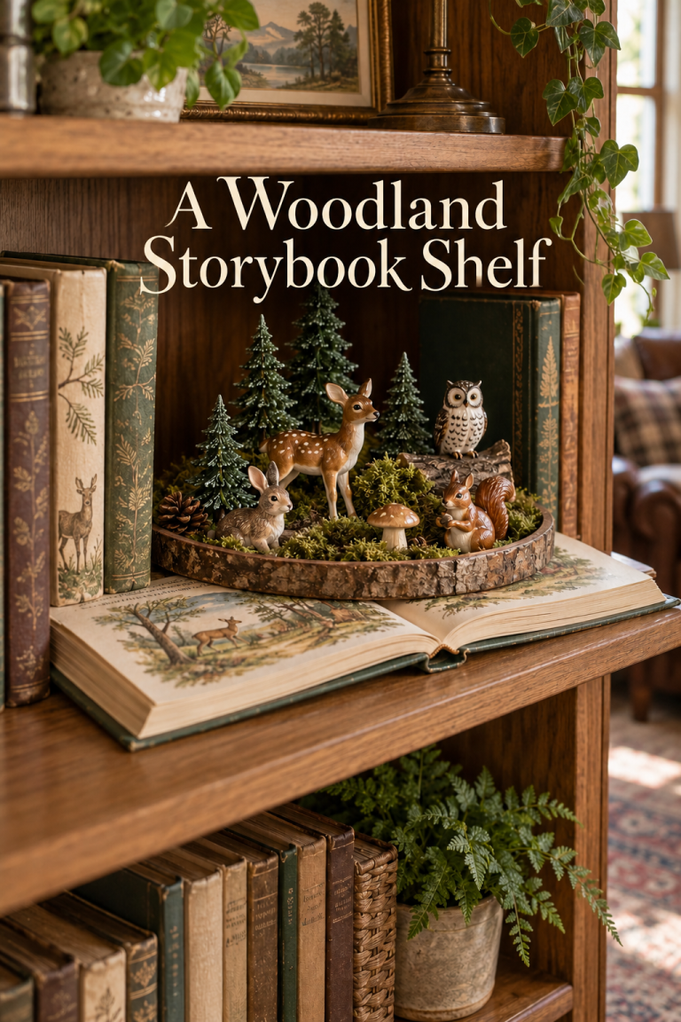A shallow tray of miniature woodland animals, trees and moss rests on an open illustrated book on an oak bookcase.