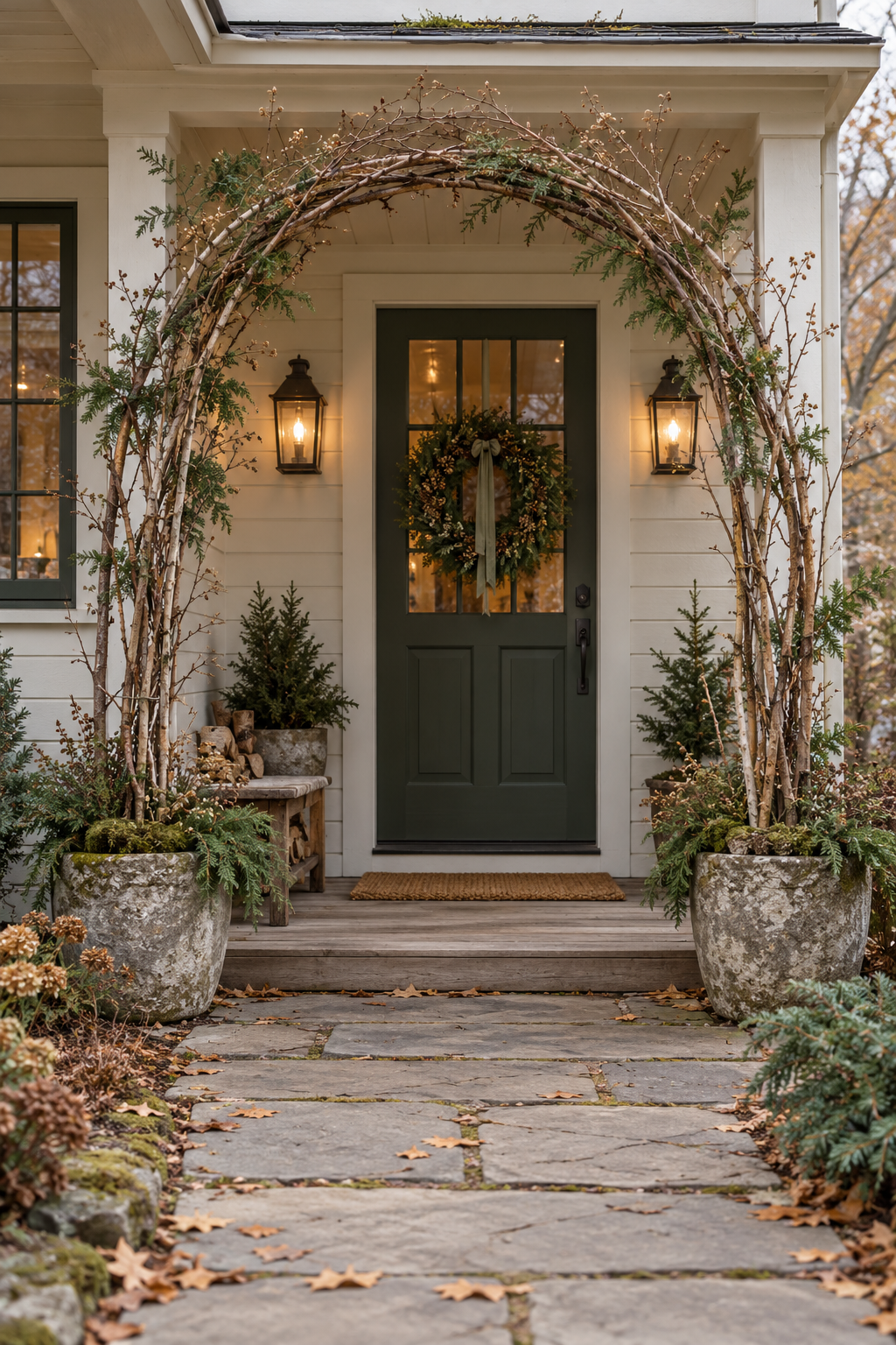 A natural branch arch frames a dark green cottage door between two broad planters on a clear stone walkway.