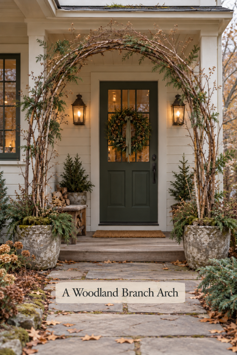 A natural branch arch frames a dark green cottage door between two broad planters on a clear stone walkway.