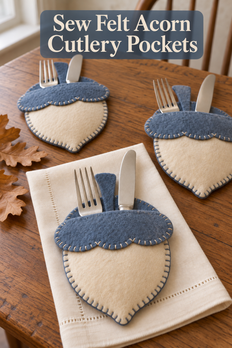 Blue and ivory felt acorn cutlery pockets with visible stitching on a wooden table.