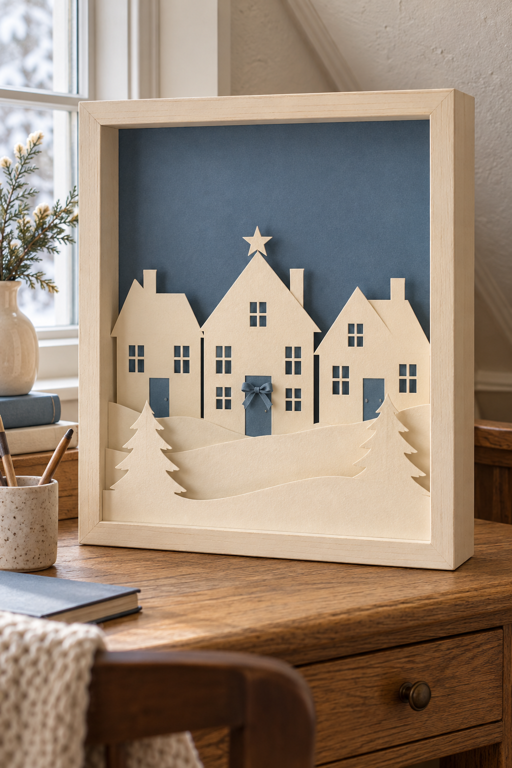 Ivory paper Christmas village and trees layered against blue inside a desk-top frame.