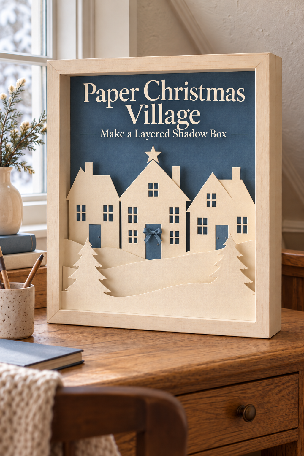 Ivory paper Christmas village and trees layered against blue inside a desk-top frame.